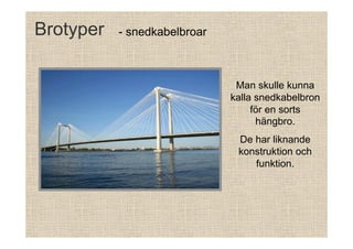 Brotyper

- snedkabelbroar

Man skulle kunna
kalla snedkabelbron
för en sorts
hängbro.
De har liknande
konstruktion och
funktion.

 