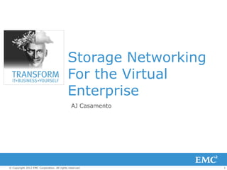 Storage Networking
                                            For the Virtual
                                            Enterprise
                                              AJ Casamento




© Copyright 2012 EMC Corporation. All rights reserved.           1
 