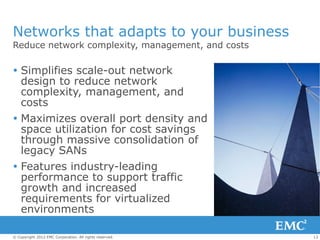 Networks that adapts to your business
Reduce network complexity, management, and costs

 Simplifies scale-out network
  design to reduce network
  complexity, management, and
  costs
 Maximizes overall port density and
  space utilization for cost savings
  through massive consolidation of
  legacy SANs
 Features industry-leading
  performance to support traffic
  growth and increased
  requirements for virtualized
  environments

© Copyright 2012 EMC Corporation. All rights reserved.   13
 