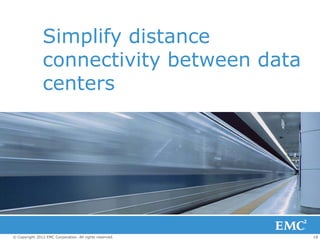 Simplify distance
                connectivity between data
                centers




© Copyright 2012 EMC Corporation. All rights reserved.   18
 