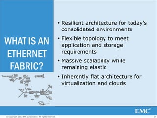  Resilient architecture for today’s
                                                           consolidated environments

WHAT IS AN                                                Flexible topology to meet
                                                           application and storage
ETHERNET                                                   requirements
                                                          Massive scalability while
 FABRIC?                                                   remaining elastic
                                                          Inherently flat architecture for
                                                           virtualization and clouds




© Copyright 2012 EMC Corporation. All rights reserved.                                          34
 