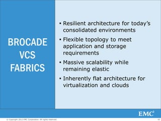  Resilient architecture for today’s
                                                           consolidated environments

 BROCADE                                                  Flexible topology to meet
                                                           application and storage
   VCS                                                     requirements
                                                          Massive scalability while
 FABRICS                                                   remaining elastic
                                                          Inherently flat architecture for
                                                           virtualization and clouds




© Copyright 2012 EMC Corporation. All rights reserved.                                          43
 