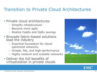 Transition to Private Cloud Architectures

 Private cloud architectures
        – Simplify infrastructure
        – Become more agile
        – Realize CapEx and OpEx savings
 Brocade fabric-based solutions
  lead the industry
        – Essential foundation for cloud-
          optimized networks
        – Simple, flat, and high-performance
        – Highly resilient and scalable networks
 Deliver the full benefits of
  virtualization in private clouds

© Copyright 2012 EMC Corporation. All rights reserved.   44
 