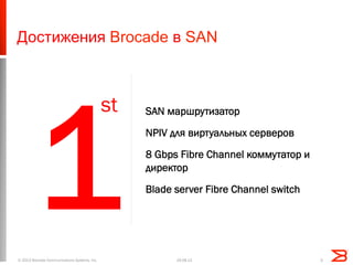 Достижения Brocade в SAN
1
st SAN маршрутизатор
NPIV для виртуальных серверов
8 Gbps Fibre Channel коммутатор и
директор
Blade server Fibre Channel switch
19.08.13© 2013 Brocade Communications Systems, Inc. 3
 