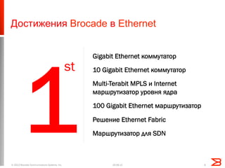 Достижения Brocade в Ethernet
Gigabit Ethernet коммутатор
10 Gigabit Ethernet коммутатор
Multi-Terabit MPLS и Internet
маршрутизатор уровня ядра
100 Gigabit Ethernet маршрутизатор
Решение Ethernet Fabric
Маршрутизатор для SDN
19.08.13© 2013 Brocade Communications Systems, Inc. 4
1
st
 