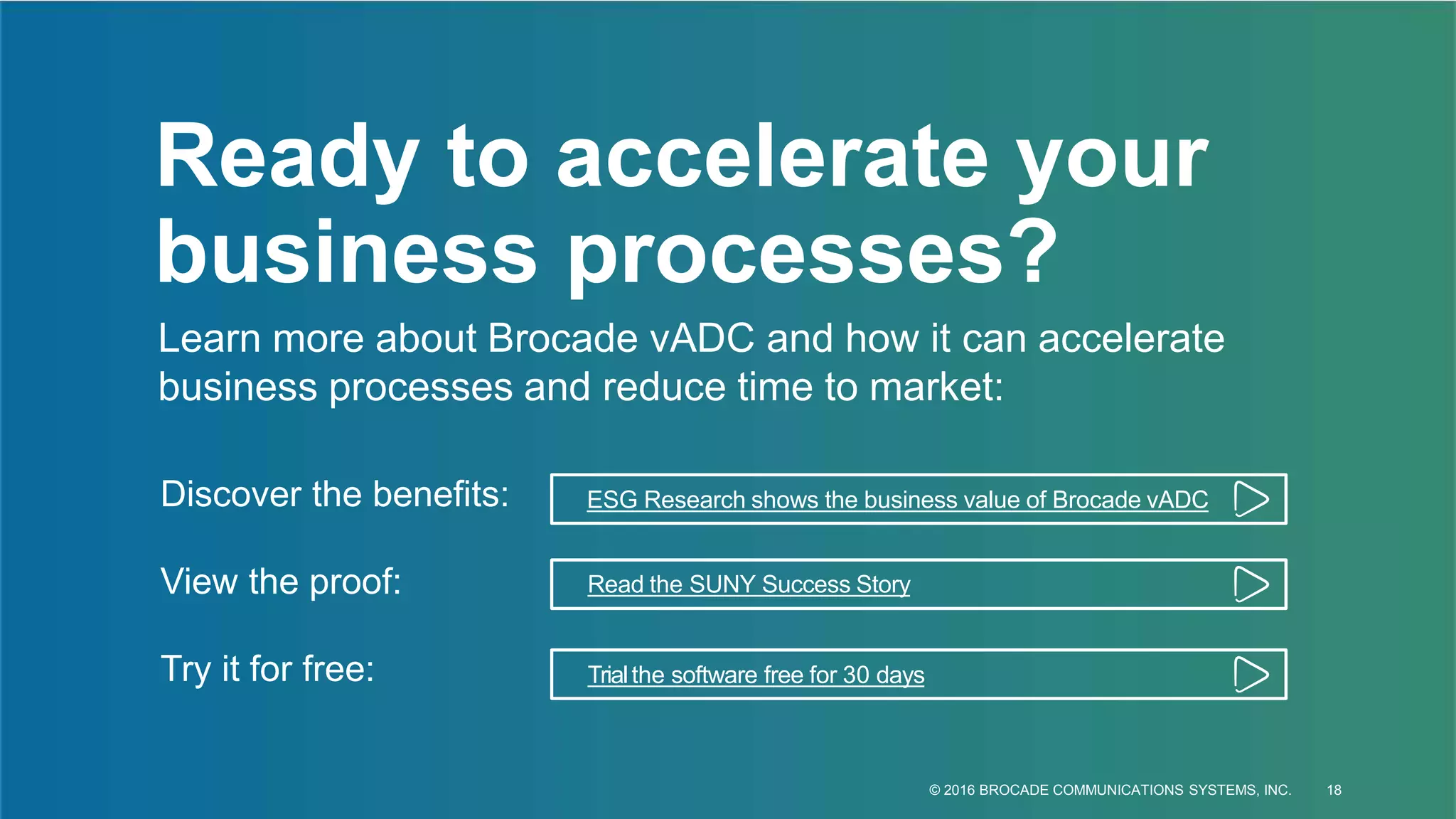 © 2016 BROCADE COMMUNICATIONS SYSTEMS, INC. 18
Ready to accelerate your
business processes?
Learn more about Brocade vADC and how it can accelerate
business processes and reduce time to market:
Discover the benefits:
View the proof:
Try it for free:
ESG Research shows the business value of Brocade vADC
Trialthe software free for 30 days
Read the SUNY Success Story
 