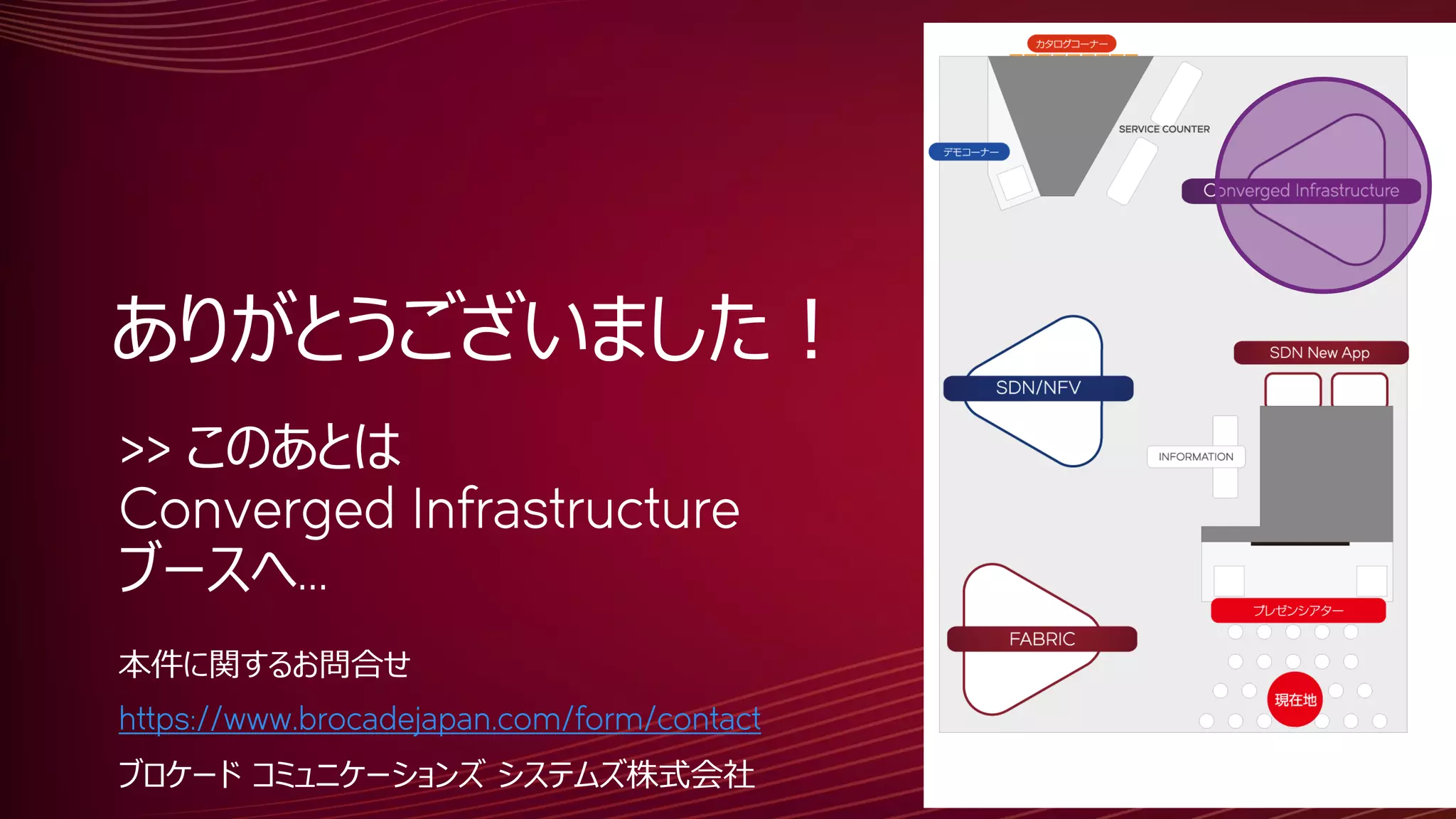 ありがとうございました！
>> このあとは
Converged Infrastructure
ブースへ…
本件に関するお問合せ
https://www.brocadejapan.com/form/contact
ブロケード コミュニケーションズ システムズ株式会社
 