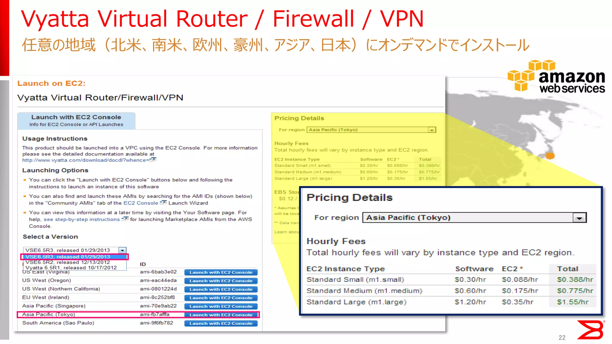22 
Vyatta Virtual Router / Firewall / VPN 
任意の地域（北米、南米、欧州、豪州、アジア、日本）にオンデマンドでインストール  