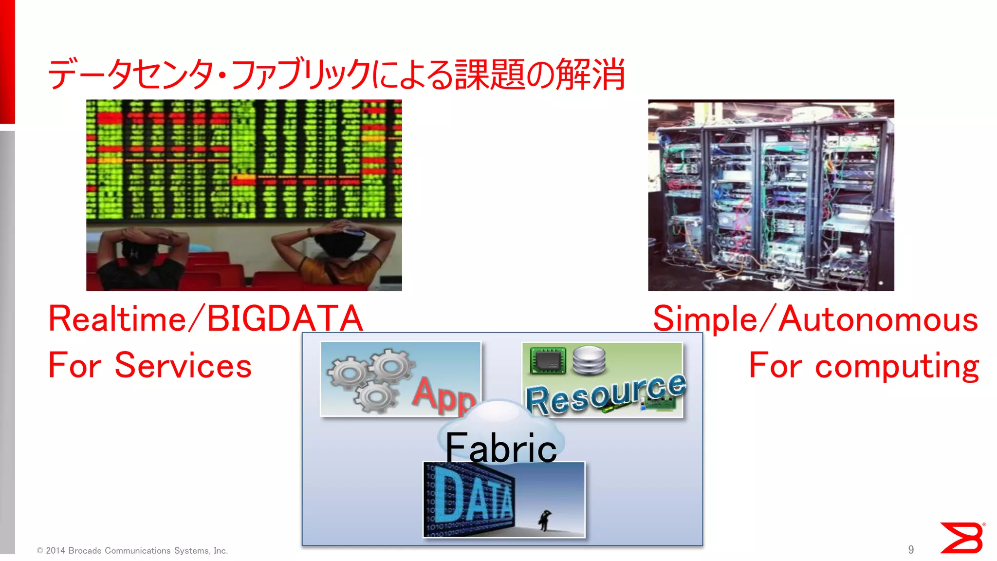 データセンタ・ファブリックによる課題の解消 
9 
Realtime/BIGDATA 
For Services 
Simple/Autonomous For computing 
Fabric 
© 2014 Brocade Communications Systems, Inc.  