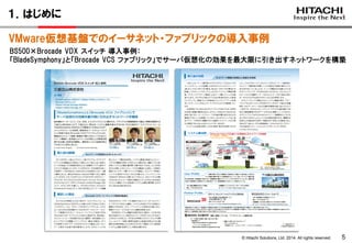 © Hitachi Solutions, Ltd. 2014. All rights reserved. 
5 
１．はじめに 
BS500×Brocade VDX スイッチ 導入事例： 「BladeSymphony」と「Brocade VCS ファブリック」でサーバ仮想化の効果を最大限に引き出すネットワークを構築 
VMware仮想基盤でのイーサネット・ファブリックの導入事例  