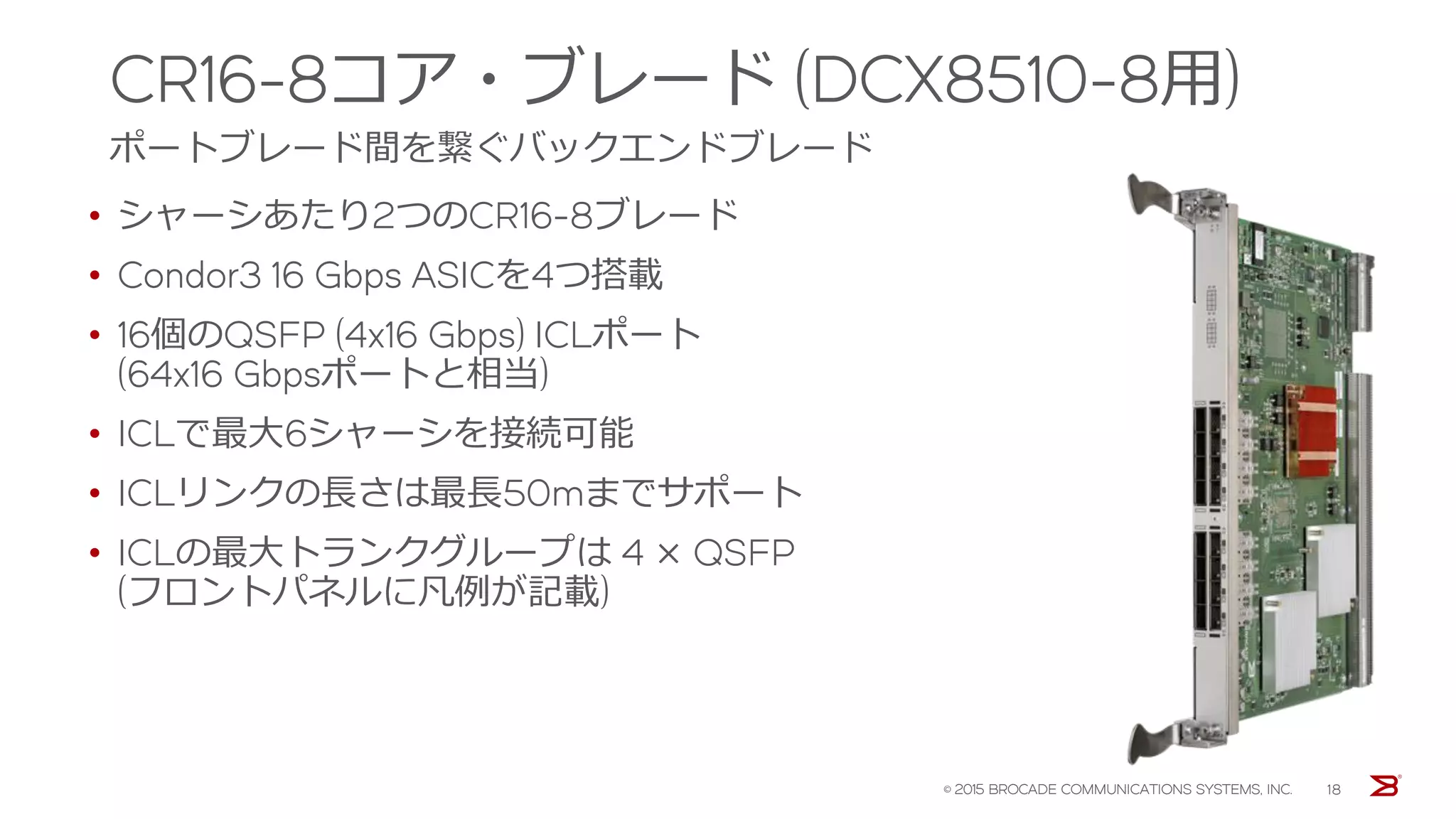 コア・ルーティングブレード
各ポートブレード間をつなぐバックエンドスイッチングブレード
• CR32-8 ：X6-8用ルーティングブレード
– Condor4 ASIC x4搭載
– X6-8 1シャーシ2枚搭載
– 16x ICLポート
• CR32-4：X6-4用ルーティングブレード
– Condor4 ASIC x2搭載
– X6-4 1シャーシ2枚搭載
– 8x ICLポート
• ポートブレードスロット当たり合計1.5Tbpsのバックプレーン帯域
• ICLポート対応QSFP
– 4x32Gbps QSFP (X6同士のICL接続用)
– 4x16Gbps QSFP (B8510とのICL接続用）
© 2016 BROCADE COMMUNICATIONS SYSTEMS, INC. 18
CR32-8
CR32-4
 