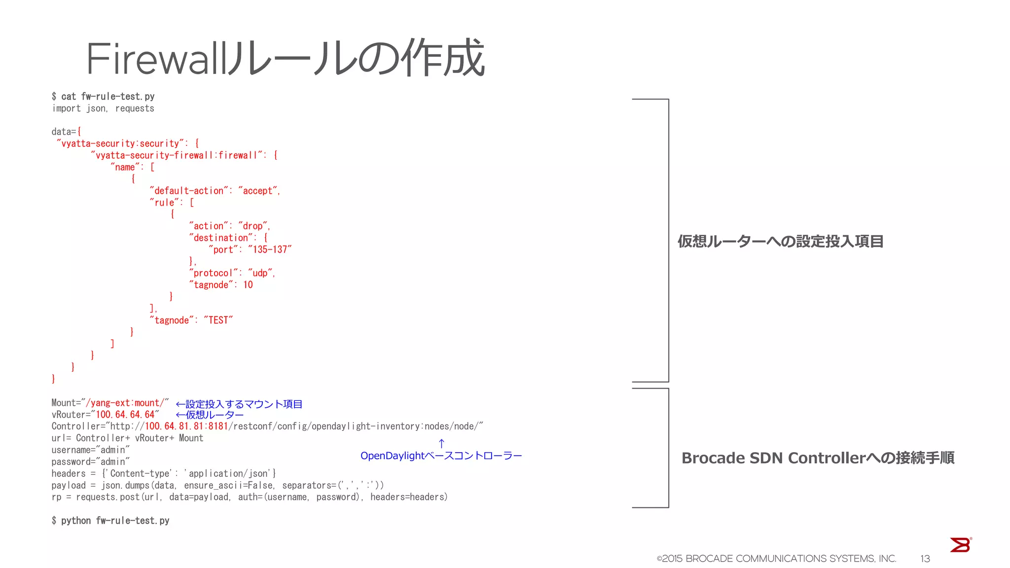 Firewallルールの作成
$ cat fw-rule-test.py
import json, requests
data={
"vyatta-security:security": {
"vyatta-security-firewall:firewall": {
"name": [
{
"default-action": "accept",
"rule": [
{
"action": "drop",
"destination": {
"port": "135-137"
},
"protocol": "udp",
"tagnode": 10
}
],
"tagnode": "TEST"
}
]
}
}
}
Mount="/yang-ext:mount/"
vRouter="100.64.64.64"
Controller="http://100.64.81.81:8181/restconf/config/opendaylight-inventory:nodes/node/"
url= Controller+ vRouter+ Mount
username="admin"
password="admin"
headers = {'Content-type': 'application/json'}
payload = json.dumps(data, ensure_ascii=False, separators=(',',':'))
rp = requests.post(url, data=payload, auth=(username, password), headers=headers)
$ python fw-rule-test.py
仮想ルーターへの設定投入項目
Brocade SDN Controllerへの接続手順
↑
OpenDaylightベースコントローラー
←仮想ルーター
←設定投入するマウント項目
©2015 BROCADE COMMUNICATIONS SYSTEMS, INC. 13
 