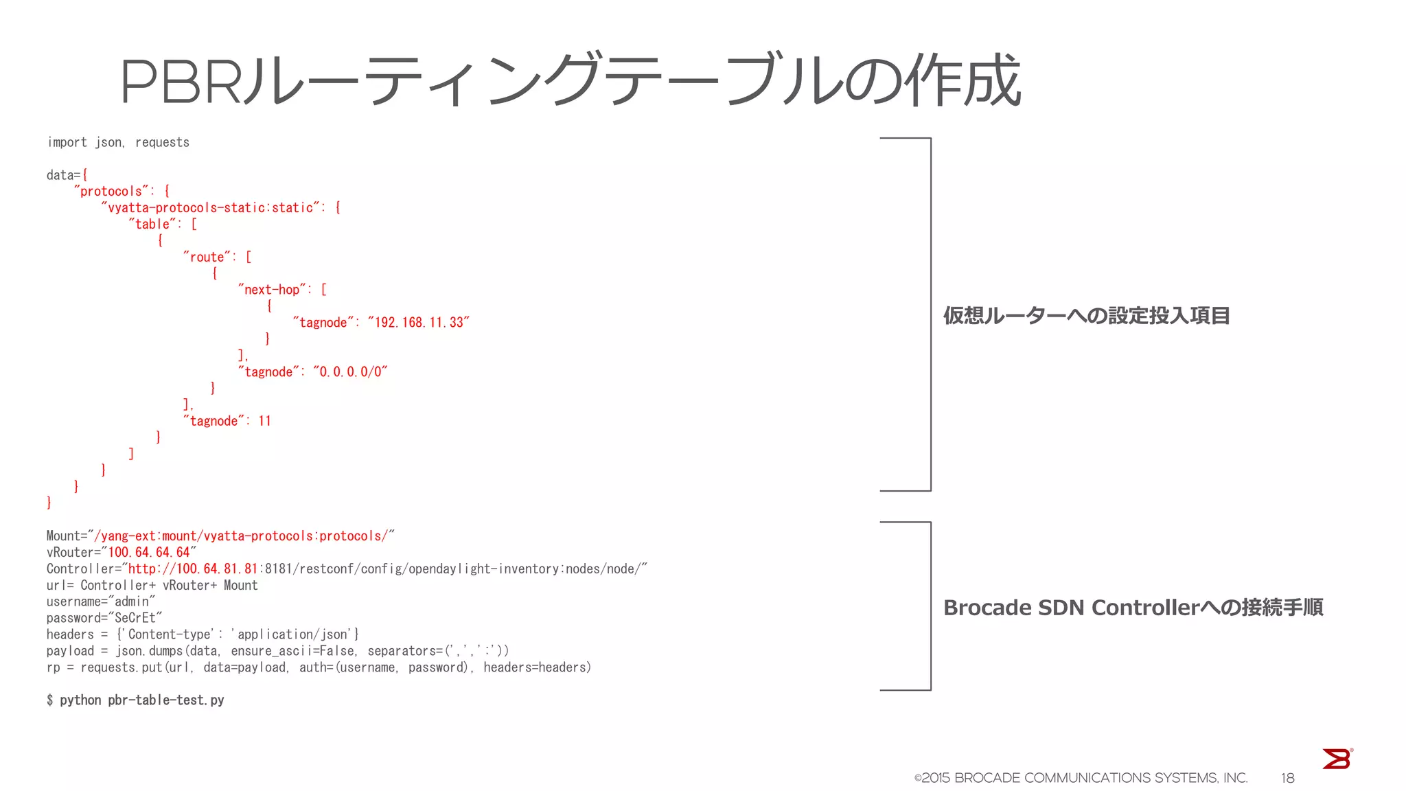 PBRルーティングテーブルの作成
import json, requests
data={
"protocols": {
"vyatta-protocols-static:static": {
"table": [
{
"route": [
{
"next-hop": [
{
"tagnode": "192.168.11.33"
}
],
"tagnode": "0.0.0.0/0"
}
],
"tagnode": 11
}
]
}
}
}
Mount="/yang-ext:mount/vyatta-protocols:protocols/"
vRouter="100.64.64.64"
Controller="http://100.64.81.81:8181/restconf/config/opendaylight-inventory:nodes/node/"
url= Controller+ vRouter+ Mount
username="admin"
password="SeCrEt"
headers = {'Content-type': 'application/json'}
payload = json.dumps(data, ensure_ascii=False, separators=(',',':'))
rp = requests.put(url, data=payload, auth=(username, password), headers=headers)
$ python pbr-table-test.py
仮想ルーターへの設定投入項目
Brocade SDN Controllerへの接続手順
©2015 BROCADE COMMUNICATIONS SYSTEMS, INC. 18
 