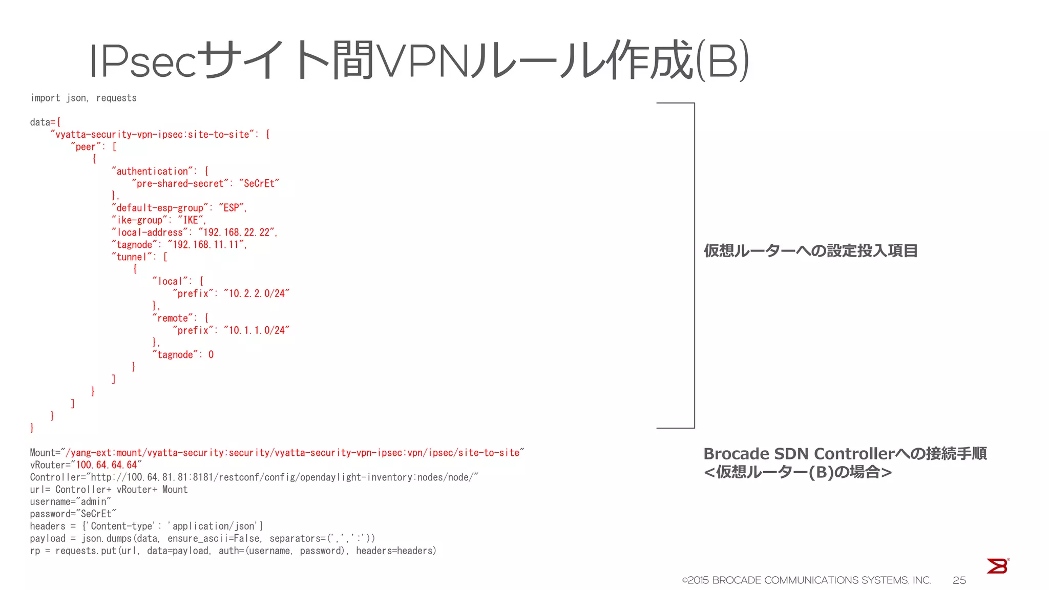 IPsecサイト間VPNルール作成(B)
import json, requests
data={
"vyatta-security-vpn-ipsec:site-to-site": {
"peer": [
{
"authentication": {
"pre-shared-secret": "SeCrEt"
},
"default-esp-group": "ESP",
"ike-group": "IKE",
"local-address": "192.168.22.22",
"tagnode": "192.168.11.11",
"tunnel": [
{
"local": {
"prefix": "10.2.2.0/24"
},
"remote": {
"prefix": "10.1.1.0/24"
},
"tagnode": 0
}
]
}
]
}
}
Mount="/yang-ext:mount/vyatta-security:security/vyatta-security-vpn-ipsec:vpn/ipsec/site-to-site"
vRouter="100.64.64.64"
Controller="http://100.64.81.81:8181/restconf/config/opendaylight-inventory:nodes/node/"
url= Controller+ vRouter+ Mount
username="admin"
password="SeCrEt"
headers = {'Content-type': 'application/json'}
payload = json.dumps(data, ensure_ascii=False, separators=(',',':'))
rp = requests.put(url, data=payload, auth=(username, password), headers=headers)
仮想ルーターへの設定投入項目
Brocade SDN Controllerへの接続手順
<仮想ルーター(B)の場合>
©2015 BROCADE COMMUNICATIONS SYSTEMS, INC. 25
 