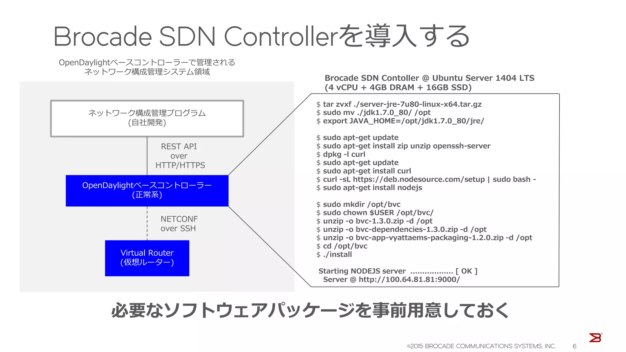 Brocade SDN Controllerを導入する
必要なソフトウェアパッケージを事前用意しておく
ネットワーク構成管理プログラム
(自社開発)
OpenDaylightベースコントローラー
(正常系)
Virtual Router
(仮想ルーター)
OpenDaylightベースコントローラーで管理される
ネットワーク構成管理システム領域
$ tar zvxf ./server-jre-7u80-linux-x64.tar.gz
$ sudo mv ./jdk1.7.0_80/ /opt
$ export JAVA_HOME=/opt/jdk1.7.0_80/jre/
$ sudo apt-get update
$ sudo apt-get install zip unzip openssh-server
$ dpkg -l curl
$ sudo apt-get update
$ sudo apt-get install curl
$ curl -sL https://deb.nodesource.com/setup | sudo bash -
$ sudo apt-get install nodejs
$ sudo mkdir /opt/bvc
$ sudo chown $USER /opt/bvc/
$ unzip -o bvc-1.3.0.zip -d /opt
$ unzip -o bvc-dependencies-1.3.0.zip -d /opt
$ unzip -o bvc-app-vyattaems-packaging-1.2.0.zip -d /opt
$ cd /opt/bvc
$ ./install
Starting NODEJS server .................. [ OK ]
Server @ http://100.64.81.81:9000/
Brocade SDN Contoller @ Ubuntu Server 1404 LTS
(4 vCPU + 4GB DRAM + 16GB SSD)
NETCONF
over SSH
REST API
over
HTTP/HTTPS
©2015 BROCADE COMMUNICATIONS SYSTEMS, INC. 6
 
