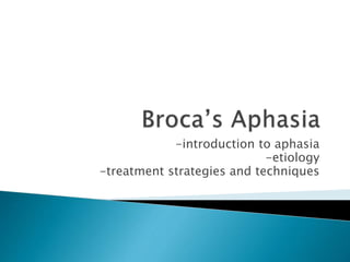 -introduction to aphasia
-etiology
-treatment strategies and techniques
 