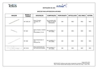 INSTRUÇÕES DE USO
BROCAS PARA ARTROSCOPIA ARTHREX
Versão 02.02_2014
IMPORTANTE! Verifique se esta versão corresponde à constante no rótulo do produto.
Para o formato impresso desta Instrução, entre em contato com o SAC: 11 3512-1700
IMAGEM
MODELO/
CÓDIGO
DESCRIÇÃO COMPOSIÇÃO PERFURANTE ARTICULADO USO ÚNICO ESTÉRIL
AR-1530C-35
Broca Cirúrgica
Canulada, 3.5
mm
Aço Inoxidável 455
(H950) por ASTM
A564/a564M
SIM NÃO NÃO NÃO
AR-1822
Broca cirúrgica c/ batente
de
profundidade, 2.0 mm
Aço Inoxidável 17-
4PH (H900)
SIM NÃO NÃO NÃO
AR-1908
Broca Escalonada 3.7
mm
BioSutureTak
Aço Inoxidável 17-
4PH (H900)
SIM NÃO NÃO NÃO
AR-1910H
Broca escalonada para
Bio-PushLock de quadril
Aço Inoxidável 17-
4PH (H900)
SIM NÃO NÃO NÃO
 