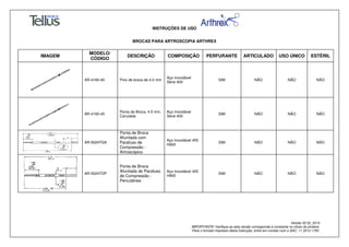 INSTRUÇÕES DE USO
BROCAS PARA ARTROSCOPIA ARTHREX
Versão 02.02_2014
IMPORTANTE! Verifique se esta versão corresponde à constante no rótulo do produto.
Para o formato impresso desta Instrução, entre em contato com o SAC: 11 3512-1700
IMAGEM
MODELO/
CÓDIGO
DESCRIÇÃO COMPOSIÇÃO PERFURANTE ARTICULADO USO ÚNICO ESTÉRIL
AR-4160-40 Pino de broca de 4.0 mm
Aço Inoxidável
Série 400
SIM NÃO NÃO NÃO
AR-4160-45
Ponta de Broca, 4.5 mm,
Canulada
Aço Inoxidável
Série 400
SIM NÃO NÃO NÃO
AR-5024TDA
Ponta de Broca
Afunilada com
Parafuso de
Compressão -
Artroscópico
Aço Inoxidável 455
H900
SIM NÃO NÃO NÃO
AR-5024TDP
Ponta de Broca
Afunilada de Parafuso
de Compressão -
Percutânea
Aço Inoxidável 455
H900
SIM NÃO NÃO NÃO
 