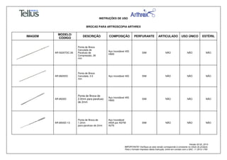 INSTRUÇÕES DE USO
BROCAS PARA ARTROSCOPIA ARTHREX
Versão 02.02_2014
IMPORTANTE! Verifique se esta versão corresponde à constante no rótulo do produto.
Para o formato impresso desta Instrução, entre em contato com o SAC: 11 3512-1700
IMAGEM
MODELO/
CÓDIGO
DESCRIÇÃO COMPOSIÇÃO PERFURANTE ARTICULADO USO ÚNICO ESTÉRIL
AR-5025TDC-26
Ponta de Broca
Canulada de
Parafuso de
Compressão, 26
mm
Aço Inoxidável 455
H900
SIM NÃO NÃO NÃO
AR-8920DC
Ponta de Broca
Canulada, 3.5
mm
Aço Inoxidável 400 SIM NÃO NÃO NÃO
AR-8930D
Ponta de Broca de
2.0mm para parafuso
de 2mm
Aço Inoxidável 455
H900
SIM NÃO NÃO NÃO
AR-8930D-13
Ponta de Broca de
1.3mm
para parafuso de 2mm
Aço Inoxidável
440A por ASTM
A276
SIM NÃO NÃO NÃO
 