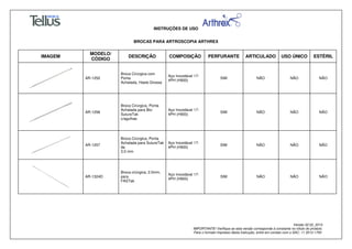 INSTRUÇÕES DE USO
BROCAS PARA ARTROSCOPIA ARTHREX
Versão 02.02_2014
IMPORTANTE! Verifique se esta versão corresponde à constante no rótulo do produto.
Para o formato impresso desta Instrução, entre em contato com o SAC: 11 3512-1700
IMAGEM
MODELO/
CÓDIGO
DESCRIÇÃO COMPOSIÇÃO PERFURANTE ARTICULADO USO ÚNICO ESTÉRIL
AR-1252
Broca Cirúrgica com
Ponta
Achatada, Haste Grossa
Aço Inoxidável 17-
4PH (H900)
SIM NÃO NÃO NÃO
AR-1256
Broca Cirúrgica, Ponta
Achatada para Bio-
SutureTak
c/agulhas
Aço Inoxidável 17-
4PH (H900)
SIM NÃO NÃO NÃO
AR-1257
Broca Cirúrgica, Ponta
Achatada para SutureTak
de
3.0 mm
Aço Inoxidável 17-
4PH (H900)
SIM NÃO NÃO NÃO
AR-1324D
Broca cirúrgica, 2.0mm,
para
FASTak
Aço Inoxidável 17-
4PH (H900)
SIM NÃO NÃO NÃO
 
