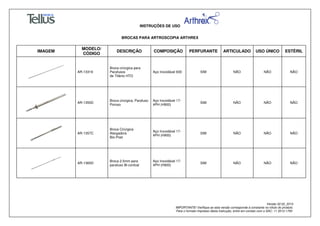INSTRUÇÕES DE USO
BROCAS PARA ARTROSCOPIA ARTHREX
Versão 02.02_2014
IMPORTANTE! Verifique se esta versão corresponde à constante no rótulo do produto.
Para o formato impresso desta Instrução, entre em contato com o SAC: 11 3512-1700
IMAGEM
MODELO/
CÓDIGO
DESCRIÇÃO COMPOSIÇÃO PERFURANTE ARTICULADO USO ÚNICO ESTÉRIL
AR-13319
Broca cirúrgica para
Parafusos
de Titânio HTO
Aço Inoxidável 630 SIM NÃO NÃO NÃO
AR-1355D
Broca cirúrgica, Parafuso
Poroso
Aço Inoxidável 17-
4PH (H900)
SIM NÃO NÃO NÃO
AR-1357C
Broca Cirúrgica
Alargadora
Bio-Post
Aço Inoxidável 17-
4PH (H900)
SIM NÃO NÃO NÃO
AR-1365D
Broca 2.5mm para
parafuso Bi-cortical
Aço Inoxidável 17-
4PH (H900)
SIM NÃO NÃO NÃO
 