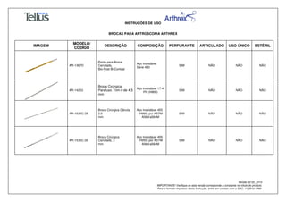 INSTRUÇÕES DE USO
BROCAS PARA ARTROSCOPIA ARTHREX
Versão 02.02_2014
IMPORTANTE! Verifique se esta versão corresponde à constante no rótulo do produto.
Para o formato impresso desta Instrução, entre em contato com o SAC: 11 3512-1700
IMAGEM
MODELO/
CÓDIGO
DESCRIÇÃO COMPOSIÇÃO PERFURANTE ARTICULADO USO ÚNICO ESTÉRIL
AR-1367D
Ponta para Broca
Canulada,
Bio-Post Bi-Cortical
Aço Inoxidável
Série 400
SIM NÃO NÃO NÃO
AR-14253
Broca Cirúrgica,
Parafuso Trim-It de 4.5
mm
Aço Inoxidável 17-4
PH (H900)
SIM NÃO NÃO NÃO
AR-1530C-25
Broca Cirúrgica Cânula,
2.5
mm
Aço Inoxidável 455
(H950) por ASTM
A564/a564M
SIM NÃO NÃO NÃO
AR-1530C-30
Broca Cirúrgica
Canulada, 3
mm
Aço Inoxidável 455
(H950) por ASTM
A564/a564M
SIM NÃO NÃO NÃO
 