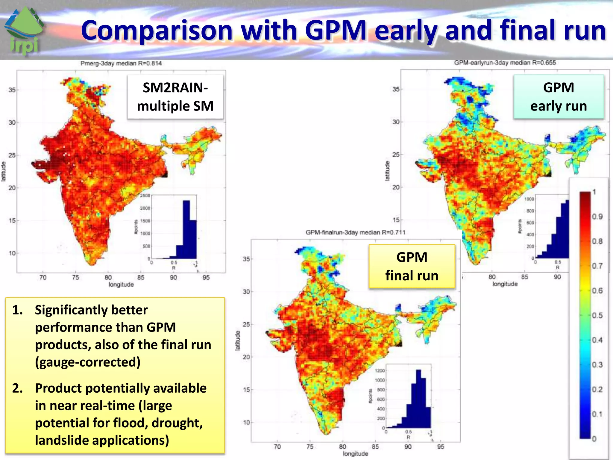 Comparison with GPM early and final run
1. Significantly better
performance than GPM
products, also of the final run
(gauge-corrected)
2. Product potentially available
in near real-time (large
potential for flood, drought,
landslide applications)
GPM
final run
GPM
early run
SM2RAIN-
multiple SM
 
