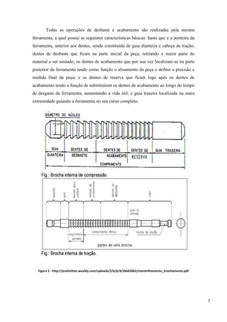 7
Todas as operações de desbaste e acabamento são realizadas pela mesma
ferramenta, a qual possui as seguintes características básicas: haste que é a ponteira da
ferramenta, anterior aos dentes, sendo constituída de guia dianteira e cabeça de tração;
dentes de desbaste que ficam na parte inicial da peça, retirando a maior parte do
material a ser usinado; os dentes de acabamento que por sua vez localizam-se na parte
posterior da ferramenta tendo como função o alisamento da peça e definir a precisão e
medida final da peça; e os dentes de reserva que ficam logo após os dentes de
acabamento tendo a função de substituírem os dentes de acabamento ao longo do tempo
de desgaste da ferramenta, aumentando a vida útil; e guia traseira localizada na outra
extremidade guiando a ferramenta no seu curso completo.
Figura 2 - http://profmilton.weebly.com/uploads/2/6/6/4/26645062/mandrilhamento_brochamento.pdf
 