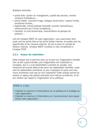 13
Quelques exemples:
• points forts: soutien du management, qualité des services, nombre
croissant d’utilisateurs,…
• points faibles: mauvaise image, dialogue social tendu, moyens limités,
procédures lourdes,…
• opportunités: climat politique favorable, accords internationaux,
cofinancement par l’Union européenne,…
• menaces: la crise économique, revendications de groupes de
pression,…
Lors de l’analyse SWOT de votre organisation, vous examinerez donc
quels sont les points forts et les points faibles internes, et quelles sont les
opportunités et les menaces externes. De par la prise en compte de
facteurs internes, l’analyse SWOT constitue un bon complément à
l’analyse PEST.
2.2.3. Analyse des stakeholders
Cette analyse vise à examiner avec qui et pour qui l’organisation travaille.
Ceci se fait à grand échelle; plus l’organisation est importante ou
complexe, plus il y a de stakeholders à prendre en compte. Une
hiérarchie est ensuite déterminée parmi les stakeholders identifiés: quels
sont les stakeholders prioritaires ou plus importants et quels sont ceux
moins prioritaires voire pas du tout importants? Cette analyse permet de
dresser un aperçu des parties prenantes tant internes qu’externes, et de
leur relation par rapport à l’organisation et au politique.
ETAPE 2: à faire
• Collectez le maximum d’informations sur la politique et la stratégie de
votre organisation.
• Collectez le maximum d’informations sur l’environnement dans lequel
évolue votre organisation.
 
