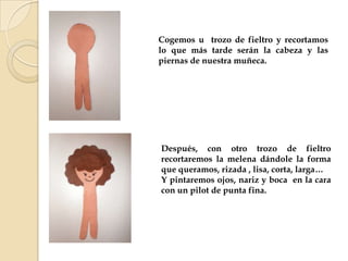 Cogemos u trozo de fieltro y recortamos
lo que más tarde serán la cabeza y las
piernas de nuestra muñeca.
Después, con otro trozo de fieltro
recortaremos la melena dándole la forma
que queramos, rizada , lisa, corta, larga…
Y pintaremos ojos, nariz y boca en la cara
con un pilot de punta fina.