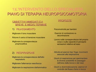 1)L'INTERVENTO DELLO SPECIALISTA:
PIANO DI TERAPIA NEUROPSICOMOTORIAPIANO DI TERAPIA NEUROPSICOMOTORIA
OBBIETTIVI IMMEDIATI E AOBBIETTIVI IMMEDIATI E A
BREVE E MEDIO TERMINEBREVE E MEDIO TERMINE
1)1) RILASSAMENTORILASSAMENTO
➲ Migliorare il tono muscolare
➲ Ridurre il carico di tensione muscolare
➲ Migliorare la consapevolezza
propriocettiva
➲
2)2) RESPIRAZIONERESPIRAZIONE
➲ Migliorare la consapevolezza dell'attoMigliorare la consapevolezza dell'atto
respiratoriorespiratorio
➲ Migliorare l'alternanza naso/boccaMigliorare l'alternanza naso/bocca
➲ Migliorare la respirazione diaframmaticaMigliorare la respirazione diaframmatica
PROPOSTEPROPOSTE
➲ Psicomotricità per bambini
➲ Esercizi di contrazione vs
decontrazione
➲ Lavoro sulla consapevolezza del proprio
corpo e sulla capacità di percepire
sensazioni relative ad esso
➲
➲ Attività ed esercizi tipo Yoga; movimentiAttività ed esercizi tipo Yoga; movimenti
associati alla respirazioneassociati alla respirazione
➲ Giochi di respirazione per sperimentareGiochi di respirazione per sperimentare
le diverse possibilità di passaggiole diverse possibilità di passaggio
dell'area dalla bocca o dal nasodell'area dalla bocca o dal naso
➲ Giochi e drammatizzazione, esercizi diGiochi e drammatizzazione, esercizi di
controllo del flusso d'aria in boccacontrollo del flusso d'aria in bocca
 