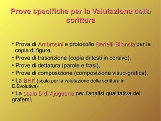 Prove specifiche per la Valutazione dellaProve specifiche per la Valutazione della
scritturascrittura
●
Prova diProva di AmbrosiniAmbrosini e protocolloe protocollo Bertelli-BilanciaBertelli-Bilancia per laper la
copia di figure,copia di figure,
●
Prove di trascrizione (copia di testi in corsivo),Prove di trascrizione (copia di testi in corsivo),
●
Prove di dettatura (parole e frasi),Prove di dettatura (parole e frasi),
●
Prove di composizione (composizione visuo-grafica),Prove di composizione (composizione visuo-grafica),
●
LaLa BHKBHK ((scala per la valutazione della scrittura inscala per la valutazione della scrittura in
E.Evolutiva)E.Evolutiva)
●
LaLa scala D di Ajuguerrascala D di Ajuguerra per l’analisi qualitativa deiper l’analisi qualitativa dei
grafemi.grafemi.
 