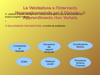 La Valutazione e l'interventoLa Valutazione e l'intervento
Neuropsicomotoria per il Disturbo diNeuropsicomotoria per il Disturbo di
Apprendimento Non VerbaleApprendimento Non Verbale
●
L' obiettivo è quello di Migliorare l'utilizzo del proprio corpo e del controllo sul
proprio progetto motorio
●
1) VALUTAZIONE PSICOMOTORIA:VALUTAZIONE PSICOMOTORIA: si andrà ad analizzare
L'orientamen
to
Spaziale
Percezione
dei
rapporti
temporali
Coordinazione
Motoria
Grafia Relazioni
sociali
Percezione
Schema
Corporeo
 