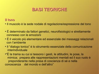 BASI TEORICHEBASI TEORICHE
Il tonoIl tono
●
Il muscolo è la sede nodale di regolazione/espressione del tono
●
É determinato da fattori genetici, neurofisiologici e strettamente
connesso con le emozioni
●
É il veicolo più elementare ed essenziale dei messaggi relazionali
con l’ambiente
●
Il “dialogo tonico” è lo strumento essenziale della comunicazione
interindividuale
●
“È la trama su cui si tessono i gesti, le attitudini, le pose, la
mimica; prepara alle rappresentazioni mentali ed il suo ruolo è
preponderante nella presa di coscienza di sé e nella
conoscenza del mondo e dell’altro”
 