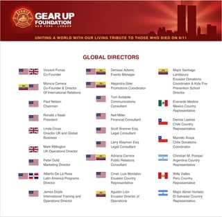 UNITING A WORLD WITH OUR LIVING TRIBUTE TO THOSE WHO DIED ON 9/11
GLOBAL DIRECTORS
Monica Carrera
Paul Nelson
Chairman
President
Linda Cross
Business
Peter Gold
Alberto De La Rosa
Latin America Programs
Director
International Training and
Denisse Adams
Promotions Coordinator
Tom Avitabile
Communications
Consultant
Neil Miller
Legal Consultant
Legal Consultant
Adriana Carrera
Public Relations
Consultant
Crnel. Luis Montalvo
Representative
Agustin Loor
Landazury
Prevention School
Director.
Mexico Country
Representative
Dennis Lastres
Chile Country
Representative
Marcelo Araya
Chile Donations
Coordinator
Christian M. Pompei
Argentina Country
Representative
Willy Valles
Peru Country
Representative
Representative.
 