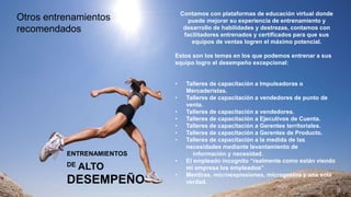 ENTRENAMIENTOS
DE ALTO
DESEMPEÑO
Otros entrenamientos
recomendados
Contamos con plataformas de educación virtual donde
puede mejorar su experiencia de entrenamiento y
desarrollo de habilidades y destrezas, contamos con
facilitadores entrenados y certificados para que sus
equipos de ventas logren el máximo potencial.
Estos son los temas en los que podemos entrenar a sus
equipo logro el desempeño excepcional:
• Talleres de capacitación a Impulsadoras o
Mercaderistas.
• Talleres de capacitación a vendedores de punto de
venta.
• Talleres de capacitación a vendedores.
• Talleres de capacitación a Ejecutivos de Cuenta.
• Talleres de capacitación a Gerentes territoriales.
• Talleres de capacitación a Gerentes de Producto.
• Talleres de capacitación a la medida de las
necesidades mediante levantamiento de
información y necesidad.
• El empleado incognito “realmente como están viendo
mi empresa los empleados”
• Mentiras, microexpresiones, microgestos y una sola
verdad.
 