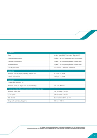 CAPACITY
Crew                                                                                           single / dual-pilot VFR or single / dual-pilot IFR

Passenger transportation                                                                       2 pilots + up to 12 passengers with comfort seats

Corporate transportation                                                                       2 pilots + up to 8 passengers with comfort seats

VIP transportation                                                                             2 pilots + up to 7 passengers with comfort seats

Casualty evacuation                                                                            1 or 2 pilots, 2 stretchers and 4 seats

WEIGHTS
Maximum Take-off weight (internal or external load)                                            4,300 kg / 9,480 lb

External load capacity                                                                         1,600 kg / 3,527 lb

ENGINES
2 TURBOMECA ARRIEL 2C

Maximum power per engine (OEI 30-second rating)                                                717 kW / 961 shp

PERFORMANCE AT MAXIMUM GROSS WEIGHT, SL, ISA
Maximum speed (Vne)                                                                            287 km per hr / 150 kts

Cruise speed                                                                                   269 km per hr / 145 kts

Rate of climb                                                                                  6.7 m per s / 1,321 ft per min

Range with optional auxiliary tanks                                                            923 km / 498 nm




                                                              The data set forth in this document is for information purposes only, and may vary with conditions.
                                      For performance data and operating limitation references, refer to the approved ﬂight manual and all appropriate documents.




                                                                                                                                                                    17
 