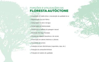 Amenização do edafo-clima e manutenção da qualidade do ar 
Regularização do ciclo hídrico 
Conservação do solo e da água 
Conservação da Biodiversidade 
Preservação e melhoria da paisagem natural 
Prevenção dos fogos florestais 
Providenciar espaços educativos e de recreio 
Preservação de valores históricos e culturais 
Incremento do turismo 
Produção de bens não-lenhosos (cogumelos, caça, etc.) 
Produção de combustível lenhoso 
Produção de madeira de qualidade 
 