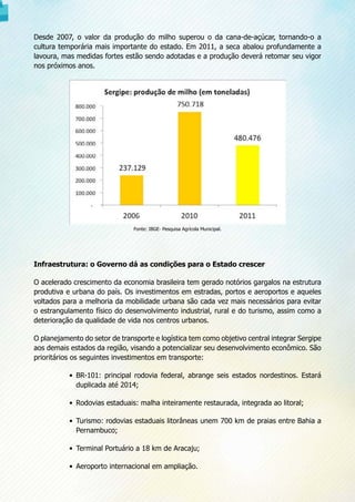 Desde 2007, o valor da produção do milho superou o da cana-de-açúcar, tornando-o a
cultura temporária mais importante do estado. Em 2011, a seca abalou profundamente a
lavoura, mas medidas fortes estão sendo adotadas e a produção deverá retomar seu vigor
nos próximos anos.
Fonte: IBGE- Pesquisa Agrícola Municipal.
Infraestrutura: o Governo dá as condições para o Estado crescer
O acelerado crescimento da economia brasileira tem gerado notórios gargalos na estrutura
produtiva e urbana do país. Os investimentos em estradas, portos e aeroportos e aqueles
voltados para a melhoria da mobilidade urbana são cada vez mais necessários para evitar
o estrangulamento físico do desenvolvimento industrial, rural e do turismo, assim como a
deterioração da qualidade de vida nos centros urbanos.
O planejamento do setor de transporte e logística tem como objetivo central integrar Sergipe
aos demais estados da região, visando a potencializar seu desenvolvimento econômico. São
prioritários os seguintes investimentos em transporte:
•	 BR-101: principal rodovia federal, abrange seis estados nordestinos. Estará
duplicada até 2014;
•	 Rodovias estaduais: malha inteiramente restaurada, integrada ao litoral;
•	 Turismo: rodovias estaduais litorâneas unem 700 km de praias entre Bahia a
Pernambuco;
•	 Terminal Portuário a 18 km de Aracaju;
•	 Aeroporto internacional em ampliação.
 