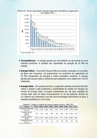 •	Termoelétricas – A energia gerada por termoelétrica se dá através de uma
indústria particular. A Unidade tem capacidade de geração de 25 MW de
energia.
•	Energia Eólica – O primeiro Parque Eólico do estado, localizado no município
da Barra dos Coqueiros, vai proporcionar um acréscimo de capacidade de
35 MW (megawatts de energia) à matriz energética existente. A energia
gerada pelo parque eólico é suficiente para abastecer uma cidade com 120 mil
habitantes.
•	Energia Solar - Em outubro de 2012, o engenheiro alemão Johannes Schrüfer
visitou o estado e está analisando a possibilidade de instalar em Sergipe um
Parque de Energia Solar. O projeto apresentado por ele para captação de
energia solar está em pleno funcionamento no sul da Espanha, através de
um sistema que representa uma das duas tecnologias dominantes na área, a
captação parabólica ou torre solar.
 