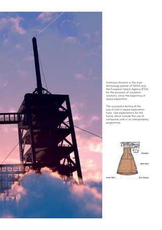 Corticeira Amorim is the main
technology partner of NASA and
the European Space Agency (ESA)
for the provision of insulation
solutions, since the beginning of
space exploration.
The successful testing of the
use of cork in space exploration
fuels new expectations for the
future, which include the use of
composite cork in an interplanetary
programme.
Exit Closure
Main Skirt
Chamber
Lower Skirt
 