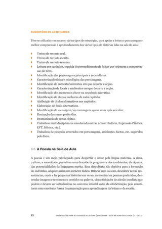 12	 Orientações para Actividades de Leitura | Programa – Está na Hora dos Livros | 1.º ciclo
Sugestões de actividades
Têm-se utilizado com sucesso vários tipos de estratégias, para apoiar a leitura e para assegurar
melhor compreensão e aprofundamento dos vários tipos de histórias lidas na sala de aula:
◗	 	 Treino de reconto oral.
◗	 	 Treino de reconto escrito.
◗	 	 Treino de reconto resumo.
◗		 Leitura por capítulos, seguida de preenchimento de fichas que orientem a compreen-
são do texto.
◗		 Identificação das personagens principais e secundárias.
◗		 Caracterização física e psicológica das personagens.
◗		 Identificação do contexto/contextos em que decorre a acção.
◗		 Caracterização de locais e ambientes em que decorre a acção.
◗		 Identificação dos momentos chave na sequência narrativa.
◗		 Identificação de etapas nucleares de cada capítulo.
◗	 	 Atribuição de títulos alternativos aos capítulos.
◗		 Elaboração de finais alternativos.
◗		 Identificação de mensagem/ ou mensagens que o autor quis veicular.
◗	 	 Ilustração das cenas preferidas.
◗		 Dramatização de cenas eleitas.
◗		 Trabalhos multidisciplinares envolvendo outras áreas (História, Expressão Plástica,
EVT, Música, etc.).
◗		 Trabalhos de pesquisa centrados em personagens, ambientes, factos, etc. sugeridos
pelo livro.
6.6.		A Poesia na Sala de Aula
A poesia é um meio privilegiado para despertar o amor pela língua materna. A rima,	
o ritmo, a sonoridade, permitem uma descoberta progressiva dos cambiantes, da riqueza,
das potencialidades da linguagem escrita. Essa descoberta, tão decisiva para a formação
do indivíduo, adquire assim um carácter lúdico. Brincar com os sons, descobrir novas res-
sonâncias, ouvir e ler pequenas histórias em verso, memorizar os poemas preferidos, des-
vendar imagens e sentimentos contidos na palavra, são actividades de adesão imediata que
podem e devem ser introduzidas no universo infantil antes da alfabetização, pois consti-
tuem uma excelente forma de preparação para aprendizagem da leitura e da escrita.
 
 