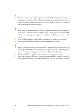 21	 Orientações para Actividades de Leitura | Programa – Está na Hora dos Livros | 1.º ciclo
C
◗		 Forneceraosalunos,sobretudoaosquetêmmaisdificuldadesdecompreensão,algumas
perguntaseorientaçõesquelhesdirijamaatençãoparaaspassagensmaisimportantes
ou, em alternativa, dar-lhes uma cópia do texto já anotada na margem com os pontos	
e as questões de que se devem lembrar.
D
◗		 Fazer um guia escrito de leitura, com um parágrafo de introdução que estimule a
curiosidade e explique a intenção. Depois incluir perguntas de vários níveis de difi-
culdade, que exijam, por exemplo, respostas literais; deduções; comentários; críti-
cas; etc.
◗	 	 Pedir que leiam o guia e só depois leiam o texto para encontrarem as respostas.
◗		 Suscitar algum diálogo e no final a resposta por escrito às perguntas.
E
◗		 Propor aos alunos que leiam partes do livro, em grupos de dois, assumindo cada um
com um papel diferente: um lê alto (procurando não incomodar os restantes grupos),
o outro ouve com atenção e procura resumir mentalmente a informação.
◗		 Terminada a leitura de cada parte, propor que escrevam juntos o resumo.
◗		 Sugerir que depois de fazerem o resumo, continuem a leitura trocando os papéis e
que procedam da mesma forma, até ao final da parte do livro previamente marcada.
 