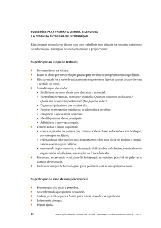 22	 Orientações para Actividades de Leitura | Programa – Está na Hora dos Livros | 1.º ciclo
Sugestões para treinar a leitura silenciosa
e a pesquisa autónoma de informação
É importante estimular os alunos para que trabalhem com eficácia na pesquisa autónoma
de informação.  Exemplos de aconselhamento a proporcionar:
Sugerir que ao longo do trabalho
◗	 	 ��������������������������Se concentrem na leitura.
◗		 Leiam as obras por partes e façam pausas para verificar se compreenderam o que leram.
◗		 Não parem de ler a meio de cada assunto e que tentem fazer as pausas de acordo com	
o sentido do texto.
◗	 	 À medida que vão lendo:
	 •	 Sublinhem ou usem sinais para destacar o essencial.
	 •	 Formulem perguntas, como por exemplo: Quantos assuntos estão aqui?
	 	 ������ ���� ��� ����� ������������� ���� ���������������Quais são os mais importantes? Que fiquei a saber?
	 •	 Digam a si próprios o que o autor diz.
	 •	 Pensem se o texto faz sentido ou se não estão a perceber.
	 •	 Imaginem o que o autor descreve.
	 •	 Identifiquem as ideias principais.
	 •	 Adivinhem o que vem a seguir.
◗	 	 Tomem notas e façam esquemas:
	 •	 com a expressão ou palavra que resume a ideia chave, colocando-a em destaque,
por exemplo em título;
	 •	 registando as informações mais importantes sobre essa ideia em tópicos e organi-
zando-as com algum critério;
	 •	 escrevendo os pormenores, a informação obtida sobre cada tópico, eventualmente
organizando sub-tópicos, sem copiar as frases do texto.
◗		 Resumam, escrevendo o máximo de informação no mínimo possível de palavras e
usando abreviaturas.
◗	 	 Escrevam sempre de forma legível para poderem usar as suas próprias notas.
Sugerir que no caso de não perceberem
◗	 	 Pensem que não estão a perceber.
◗	 	 Se lembrem do que querem descobrir.
◗		 Andem para trás e para a frente para tentar descobrir o significado.
◗	 	 �������������������Leiam mais devagar.
◗	 	 ������������Peçam ajuda.
 