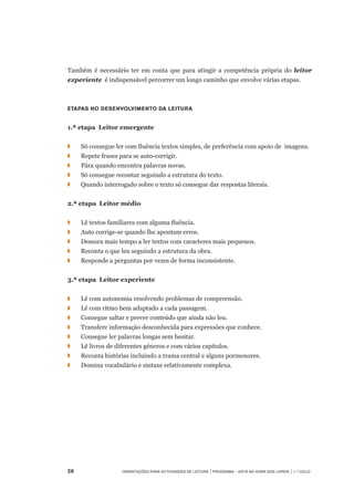 26	 Orientações para Actividades de Leitura | Programa – Está na Hora dos Livros | 1.º ciclo
Também é necessário ter em conta que para atingir a competência própria do leitor
experiente  é indispensável percorrer um longo caminho que envolve várias etapas.
Etapas no desenvolvimento da leitura
1.ª etapa Leitor emergente
◗	 	 Só consegue ler com fluência textos simples, de preferência com apoio de imagens.
◗	 	 Repete frases para se auto-corrigir.
◗	 	 Pára quando encontra palavras novas.
◗	 	 Só consegue recontar seguindo a estrutura do texto.
◗	 	 Quando interrogado sobre o texto só consegue dar respostas literais.
2.ª etapa Leitor médio
◗		 Lê textos familiares com alguma fluência.
◗	 	 Auto corrige-se quando lhe apontam erros.
◗	 	 Demora mais tempo a ler textos com caracteres mais pequenos.
◗	 	 Reconta o que leu seguindo a estrutura da obra.
◗		 Responde a perguntas por vezes de forma inconsistente.
	
3.ª etapa Leitor experiente
◗	 	 Lê com autonomia resolvendo problemas de compreensão.
◗	 	 Lê com ritmo bem adaptado a cada passagem.
◗	 	 Consegue saltar e prever conteúdo que ainda não leu.
◗	 	 Transfere informação desconhecida para expressões que conhece.
◗	 	 Consegue ler palavras longas sem hesitar.
◗	 	 Lê livros de diferentes géneros e com vários capítulos.
◗	 	 Reconta histórias incluindo a trama central e alguns pormenores.
◗	 	 Domina vocabulário e sintaxe relativamente complexa.
 
