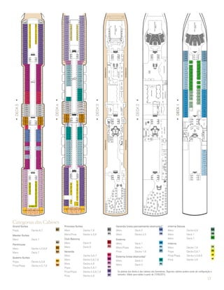 13
DECK5
DECK3
DECK2
DECK1
DECK4
4.1704.1644.0184.012
4.0174.011
CONNEXIONS
23
Grand Suites
Popa 	 Decks 6,7	 Q1
Master Suites
Meio	 Deck 7	
Q2
Penthouse
Meio	 Decks 4,5,6,8	 Q3
Meio	 Deck 7	 Q4
Queens Suites	
Popa	 Decks 4,5,8	 Q5
Proa/Popa	 Decks 4,5,7,8 	 Q6
Princess Suites
Meio	 Decks 7,8	 P1
Meio/Proa	 Decks 4,5,6	 P2
Club Balcony
Meio	 Deck 8	 A1
Meio	 Deck 8	 A2
Varanda
Meio	 Decks 5,6,7	 BA
Meio	 Decks 5,6,7,8	 BB
	
Meio	 Decks 4,8	 BC
Popa	 Decks 5,6,7	 BD
Proa/Popa	 Decks 4,5,6,7,8	 BE
	
Proa	 Decks 4,8	 BF
Varanda (vista parcialmente obstruída)
Meio	 Deck 5	 CA
Meio	 Decks 4,5	 CB
Externa
Meio	 Deck 1	 EB
Meio/Popa	 Deck 1	 EC
Proa	 Decks 1,6	 EF
Externa (vista obstruída)*
Meio	 Deck 4	 FB
Meio	 Deck 4	 FC
Interna Deluxe
Meio	 Decks 6,8	 GA
Meio	 Deck 1	 GB
Meio	 Deck 1	 GC
Interna
Meio	 Decks 7,8	 IA
Popa	 Decks 5,6,7	 ID
Proa/Popa	 Decks 4,5,6,8	 IE
Proa	 Decks 4,8	 IF
Categorias das Cabines
As plantas dos decks e das cabines são ilustrativas. Algumas cabines podem variar de configuração e
tamanho. Válido para saídas a partir de 27/05/2015.
 