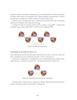 centros de rota¸c˜ao consecutivos consideramos J e os transformados de J pelas duas rota¸c˜oes
de centro nesses pontos e de amplitude 180o. Agora utilizando, sucessivamente, o mesmo
processo para as c´opias de J obtidas, obtemos um friso da classe p112.
Observar que a transla¸c˜ao que gera o subgrupo das simetrias deste friso, constitu´ıdo
apenas por transla¸c˜oes, n˜ao ´e T−−→
PQ
mas sim T2
−−→
PQ
.
O grupo de todas as simetrias do friso p112 ´e o grupo < T2
−−→
PQ
, R180o
P > gerado pela
transla¸c˜ao T2
−−→
PQ
e pela rota¸c˜ao R180o
P de centro em P e amplitude 180o.
Figura 48: Friso da classe p112.
Constru¸c˜ao de um friso da classe p1g1
Para construirmos um friso da classe p1g1 vamos ﬁxar uma recta, c, que ser´a o centro do
friso e considerar um vector arbitr´ario, n˜ao nulo, −→u com a direc¸c˜ao de c.
Partindo da conﬁgura¸c˜ao J consideramos os seus transformados pelas reﬂex˜oes desli-
zantes de eixo c e segundo os vectores −→u e −−→u , respectivamente (ver Figura 49).
Figura 49: Constru¸c˜ao de um friso da classe p1g1.
Fa¸camos agora o mesmo com as c´opias de J obtidas. Repetindo sucessivamente este
processo obtemos um friso da classe p1g1, ver Figura 50.
103
 