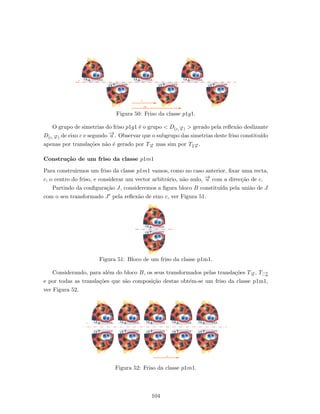 Figura 50: Friso da classe p1g1.
O grupo de simetrias do friso p1g1 ´e o grupo < D(c,−→u ) > gerado pela reﬂex˜ao deslizante
D(c,−→u ) de eixo c e segundo −→u . Observar que o subgrupo das simetrias deste friso constitu´ıdo
apenas por transla¸c˜oes n˜ao ´e gerado por T−→u mas sim por T2−→u .
Constru¸c˜ao de um friso da classe p1m1
Para construirmos um friso da classe p1m1 vamos, como no caso anterior, ﬁxar uma recta,
c, o centro do friso, e considerar um vector arbitr´ario, n˜ao nulo, −→u com a direc¸c˜ao de c.
Partindo da conﬁgura¸c˜ao J, consideremos a ﬁgura bloco B constitu´ıda pela uni˜ao de J
com o seu transformado J pela reﬂex˜ao de eixo c, ver Figura 51.
Figura 51: Bloco de um friso da classe p1m1.
Considerando, para al´em do bloco B, os seus transformados pelas transla¸c˜oes T−→u , T−→
−u
e por todas as transla¸c˜oes que s˜ao composi¸c˜ao destas obt´em-se um friso da classe p1m1,
ver Figura 52.
Figura 52: Friso da classe p1m1.
104
 