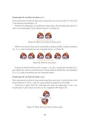 Constru¸c˜ao de um friso da classe pm11
Para construirmos um friso da classe pm11 vamos ﬁxar um vector n˜ao nulo −→u e uma recta
l com direc¸c˜ao perpendicular a −→u .
Partindo da conﬁgura¸c˜ao J, consideremos a ﬁgura bloco B constitu´ıda pela uni˜ao de J
com o seu transformado J pela reﬂex˜ao de eixo l, ver Figura 55.
Figura 55: Bloco de um friso da classe pm11.
Obt´em-se um friso da classe pm11 considerando as imagens do Bloco B pelas transla¸c˜oes
T−→u , T−−→u e pelas transla¸c˜oes que s˜ao composi¸c˜ao destas, ver Figura 56.
Figura 56: Friso da classe pm11.
O grupo de simetrias do friso pm11 ´e o grupo, < T−→u , Rl >, gerado pela transla¸c˜ao T−→u e
pela refelx˜ao Rl. Assim as simetrias de pm11 s˜ao para al´em da reﬂex˜ao Rl e das transla¸c˜oes
T−→u e T−−→u todas as isometrias que s˜ao composi¸c˜ao destas.
Constru¸c˜ao de um friso da classe pmg2
Para construirmos um friso da classe pmg2 vamos ﬁxar uma recta c, centro do friso e dois
pontos distintos P e Q de c. Seja M o ponto m´edio do segmento de recta [PQ].
Construa-se a ﬁgura bloco B1 constitu´ıda pela uni˜ao da conﬁgura¸c˜ao J com o seu
transformado J pela rota¸c˜ao de centro em M e amplitude 180o (Figura 57).
Figura 57: Bloco B1 de um friso da classe pmg2.
106
 