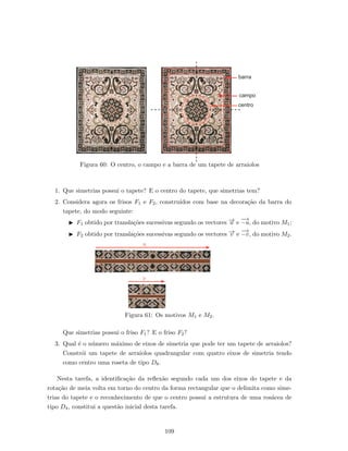 barra
campo
centro
Figura 60: O centro, o campo e a barra de um tapete de arraiolos
1. Que simetrias possui o tapete? E o centro do tapete, que simetrias tem?
2. Considera agora os frisos F1 e F2, constru´ıdos com base na decora¸c˜ao da barra do
tapete, do modo seguinte:
F1 obtido por transla¸c˜oes sucessivas segundo os vectores −→u e
−→
−u, do motivo M1;
F2 obtido por transla¸c˜oes sucessivas segundo os vectores −→v e
−→
−v, do motivo M2.
u
v
Figura 61: Os motivos M1 e M2.
Que simetrias possui o friso F1? E o friso F2?
3. Qual ´e o n´umero m´aximo de eixos de simetria que pode ter um tapete de arraiolos?
Constr´oi um tapete de arraiolos quadrangular com quatro eixos de simetria tendo
como centro uma roseta de tipo D8.
Nesta tarefa, a identiﬁca¸c˜ao da reﬂex˜ao segundo cada um dos eixos do tapete e da
rota¸c˜ao de meia volta em torno do centro da forma rectangular que o delimita como sime-
trias do tapete e o reconhecimento de que o centro possui a estrutura de uma ros´acea de
tipo D4, constitui a quest˜ao inicial desta tarefa.
109
 
